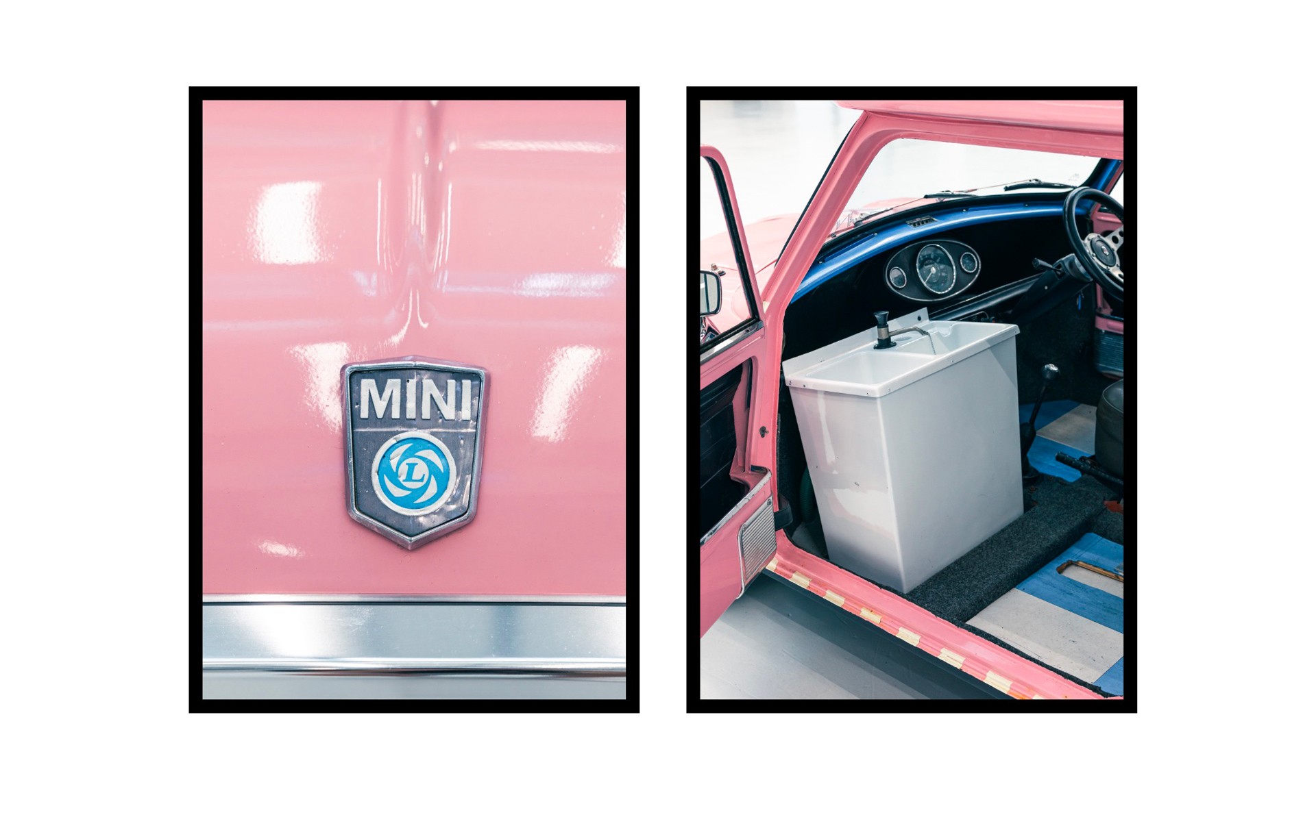 A photo of the badge and the cockpit – with a small washbasin – of the Mini Ice Cream Van.